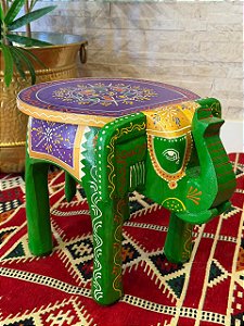 Banqueta - Elefante - Madeira - Pintado à Mão - Verde e Colorido - 32cm