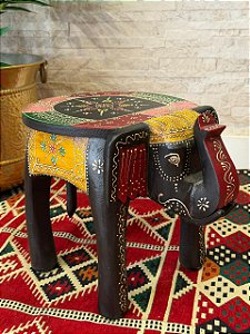 Banqueta - Elefante - Madeira - Pintado à Mão - Preto e Colorido - 32cm