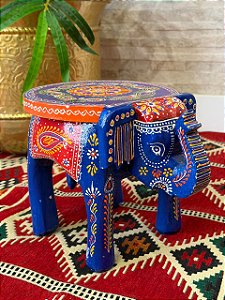Banqueta - Elefante - Madeira - Pintado à mão - Azul e Colorido - 21cm