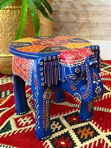 Banqueta - Elefante - Madeira - Pintado à mão - Azul e Colorido - 21cm