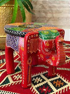 Banqueta - Elefante - Madeira - Pintado à mão - Vermelho e Colorido - 20cm
