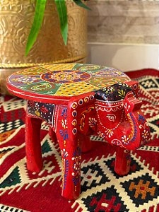 Banqueta - Elefante - Madeira - Pintado à mão - Vermelho e Colorido - 20cm