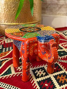 Banqueta - Elefante - Madeira - Pintado à mão - Laranja e Colorido - 16cm