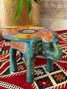 Banqueta - Elefante - Madeira - Pintado à mão - Verde e Colorido - 16cm