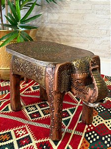 Banqueta - Elefante - Madeira - Pintado à Mão - Cobre e Dourado - 32cm
