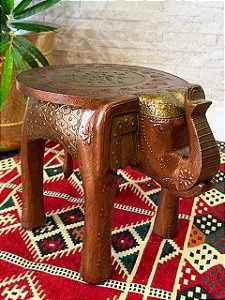 Banqueta - Elefante - Madeira - Pintado à Mão - Cobre e Dourado - 32cm