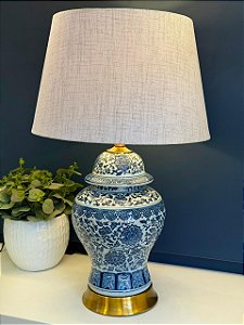 Abajur - Cerâmica - Azul, Branco, e Dourado