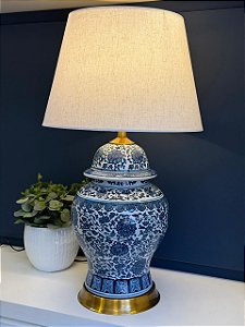 Abajur - Cerâmica - Azul, Branco, e Dourado