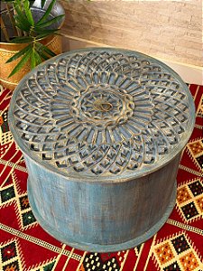 Caixa Baú - Indiano - Madeira Entalhada - Pintado à mão - Azul