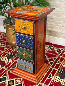 Gaveteiro - Madeira - Pintado à mão - 4 Gavetas - Laranja e Colorido