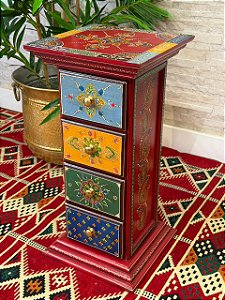 Gaveteiro - Madeira - Pintado à mão - 4 Gavetas - Vermelho e Colorido