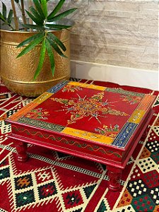 Mesa Madeira - Pintado à Mão - Vermelho e Colorido - 38CM