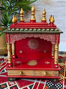 Escultura Altar Indiano - Decorativo - Pintado à mão - Vermelho e Colorido