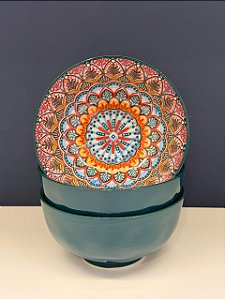Bowl - Cerâmica - Verde Escuro e Colorido - Tamanho Médio