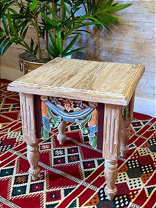 Mesa Madeira Entalhada - Pintado à Mão - Pátina e Colorido 41CM