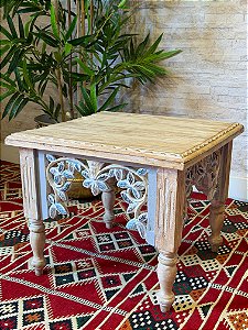 Mesa Madeira Entalhada - Pintado à Mão - Pátina e Azul Claro - 42CM