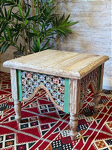 Mesa Madeira Entalhada - Pintado à Mão - Pátina e Colorido - 42CM