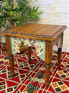 Mesa Madeira Entalhada - Pintado à Mão - Marrom, Verde e Cinza - 51CM