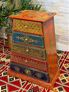 Gaveteiro - Madeira - Pintado à mão - 5 Gavetas - Laranja e Colorido