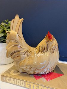 Galinha Decorativa - Cerâmica - Bege e Vermelho - 29CM