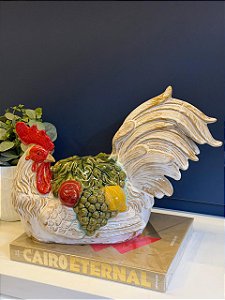 Galo Decorativo - Cerâmica - Branco e Colorido - 31CM