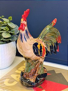 Galo Decorativo - Cerâmica - Bege e Colorido - 30CM