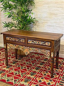 Aparador - Mesa - Madeira Entalhada - Pintado à mão - Marrom e Colorido