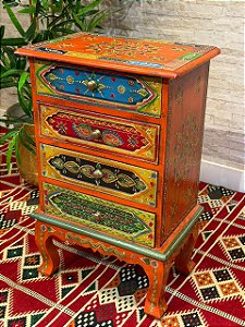 Gaveteiro em Madeira - Pintado à mão - 4 Gavetas - Laranja e Colorido