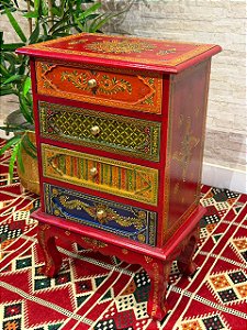 Gaveteiro em Madeira - Pintado à mão - 4 Gavetas - Vermelho e Colorido