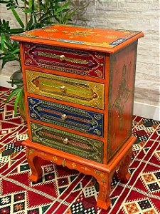 Gaveteiro em Madeira - Pintado à mão - 4 Gavetas - Laranja e Colorido