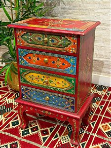 Gaveteiro em Madeira - Pintado à mão - 4 Gavetas - Vermelho e Colorido