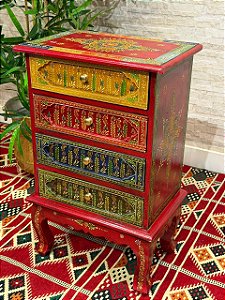 Gaveteiro em Madeira - Pintado à mão - 4 Gavetas - Vermelho e Colorido