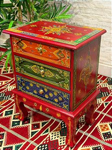 Gaveteiro em Madeira - Pintado à mão - 3 Gavetas - Vermelho e Colorido