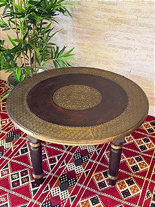 Mesa Madeira Entalhada - Aplique em Metal - Marrom e Dourado