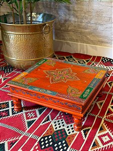 Mesa Madeira - Pintado à Mão - Laranja e Colorido - 38CM