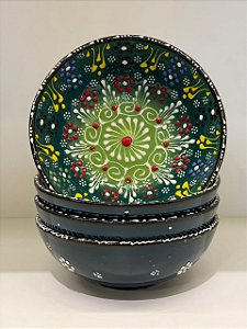 Bowl - Cerâmica - Turquia - Pintura Alto Relevo - Tamanho Grande - Verde Escuro