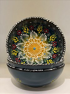 Bowl - Cerâmica - Turquia - Pintura Alto Relevo - Tamanho Grande - Verde Escuro