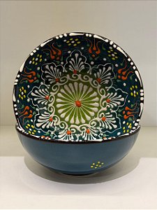 Bowl - Cerâmica - Turquia - Pintura Alto Relevo - Tamanho Grande - Verde Azulado