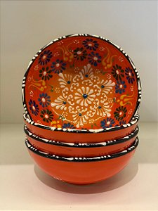 Bowl - Cerâmica - Turquia - Pintura Alto Relevo - Tamanho Médio - Laranja Escuro