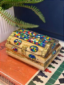 Caixa Decorativa - Porta Jóias - Osso e Metal - Colorido e Dourado - 15x10