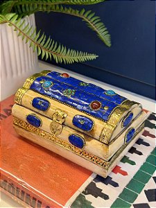Caixa Decorativa - Porta Jóias - Osso e Metal - Azul e Dourado - 15x10