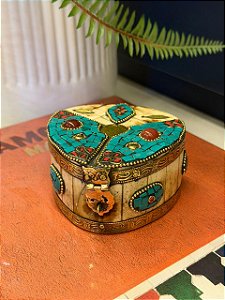 Caixa Decorativa - Porta Jóias - Osso e Metal - Turquesa e Dourado - 5x8,5