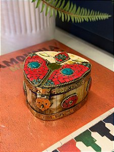 Caixa Decorativa - Porta Jóias - Osso e Metal - Vermelho e Dourado - 5x8,5