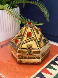 Caixa Decorativa - Porta Jóias - Osso e Metal - Vermelho, Verde e Dourado - 10x12