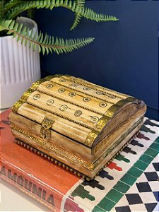 Caixa Decorativa - Porta Jóias - Osso e Metal - Dourado - 14x15