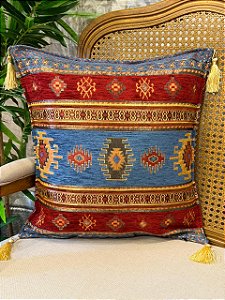 Capa Para Almofada - Jacquard - Tassel - Azul e Vermelho