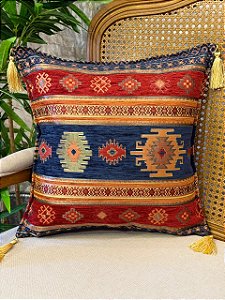 Capa Para Almofada - Jacquard - Tassel - Azul Escuro e Vermelho