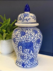 Potiche Cerâmica Azul e Branco Elefante 47CM