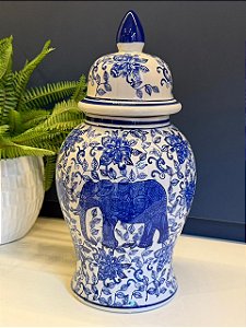 Potiche Cerâmica Azul e Branco Elefante 37CM