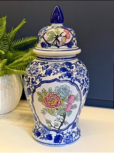 Potiche Cerâmica Azul, Branco e Colorido 37CM